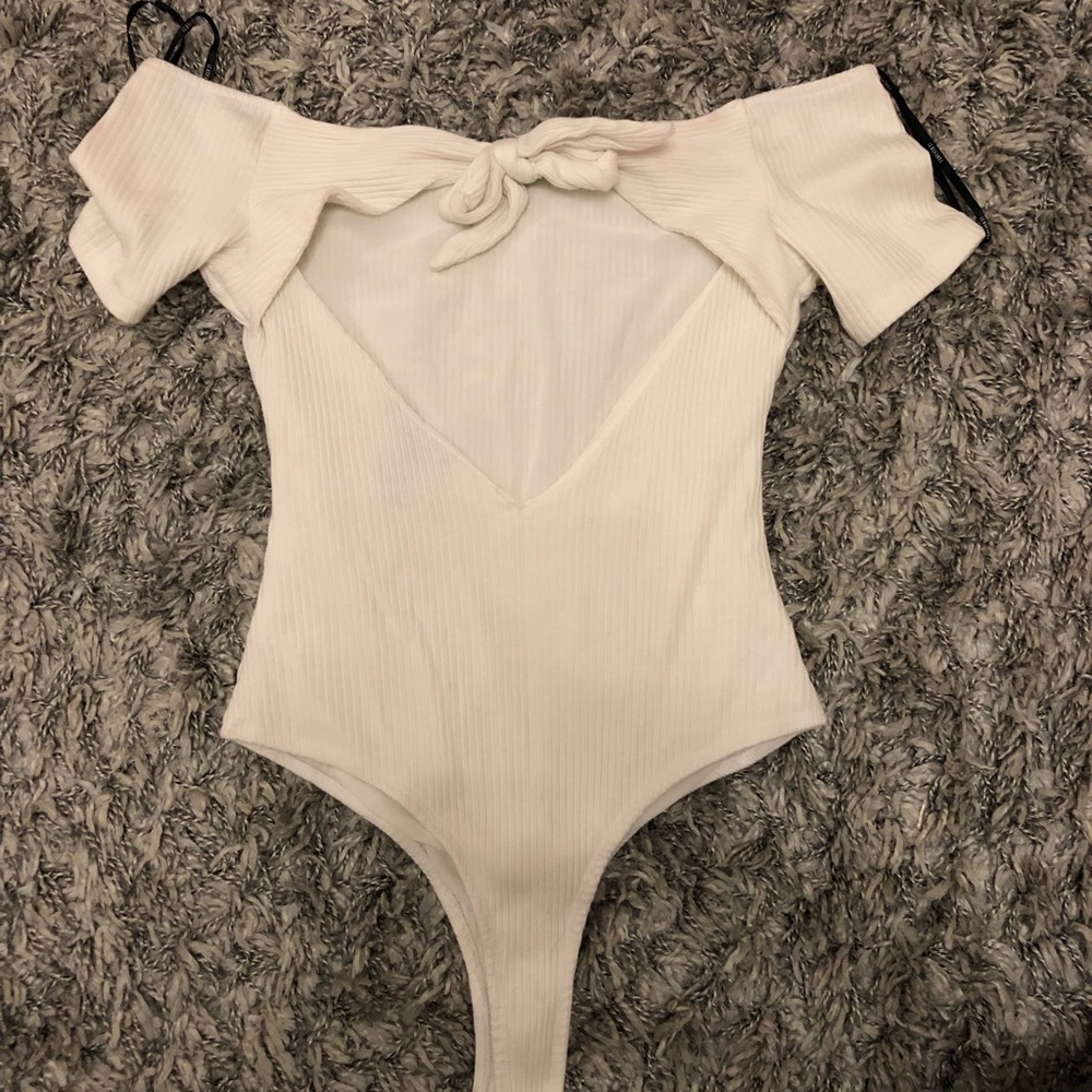 White off the shoulder open back bodysuit